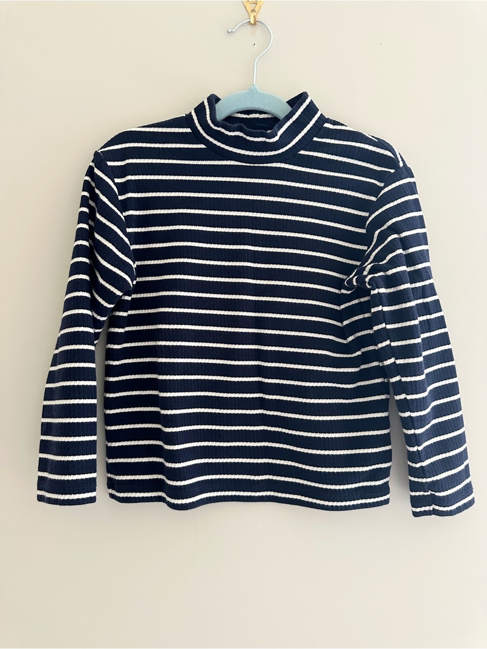 UNIQLO Kids Ribbed Fleece Striped High Neck Top, Size 5-6Y, Navy/White